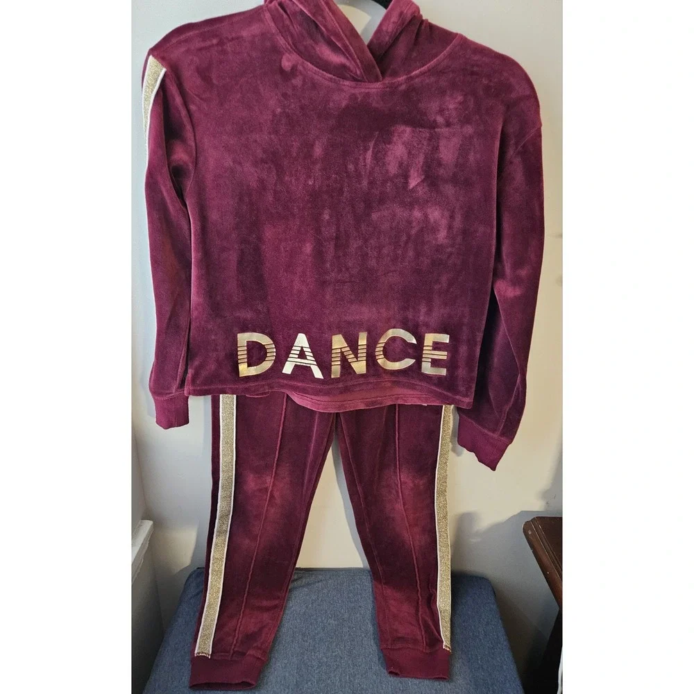 Justice Active Girls Dance Velour Outfit Set Hoodie Joggers Burgundy Gold Sz 10